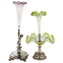 2 Victorian electroplate and coloured glass table centre epergnes, largest height 49cm Green frilled