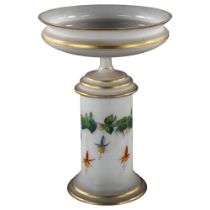 A Victorian opaque glass comport, with painted fuchsia design and gilded bands, height 35cm,