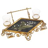 19th century gilt-brass stand, with inset Pietra Dura floral panel, and glass drinking tots, width
