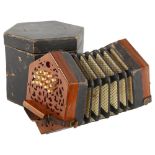 A 19th century mahogany and leather accordion in original box, no maker's marks, 16cm across Working