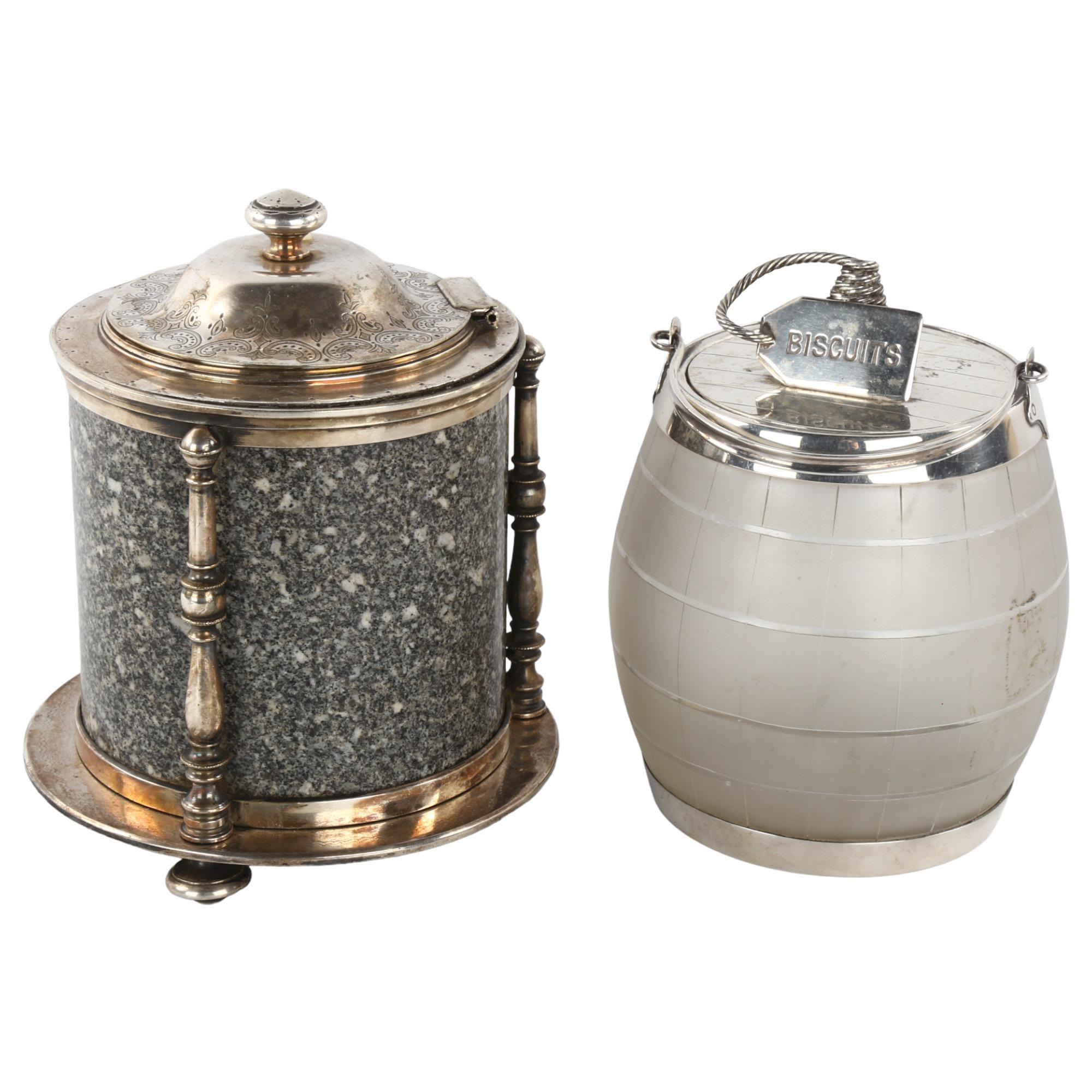 A Victorian granite and electroplate biscuit barrel, height 20cm, and an etched glass and