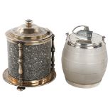 A Victorian granite and electroplate biscuit barrel, height 20cm, and an etched glass and