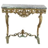 A 20th Century French console table with green marble top and cast bronzed frame, height 83cm, width