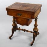 A Victorian Tunbridge Ware and burr-walnut games-top sewing table, with fold over top, frieze drawer
