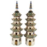A large pair of Chinese pottery 5-tier pagoda ornaments with separate finials, height 68cm 1
