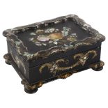 A Victorian papier mache jewel box with inlaid mother-of-pearl decoration, width 25cm General