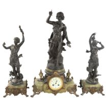 A French spelter and onyx 3-piece clock garniture circa 1900, surmounted by Classical spelter