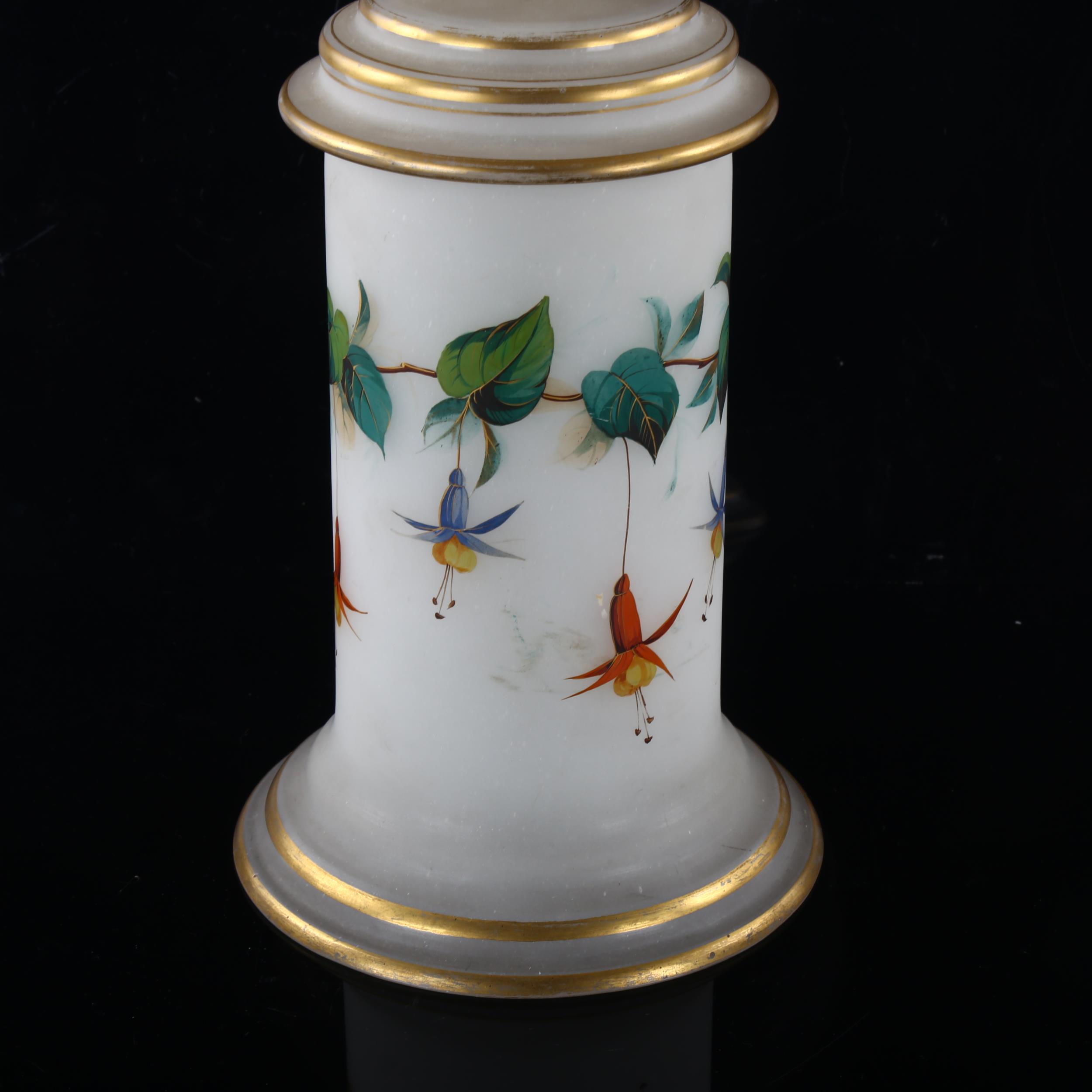 A Victorian opaque glass comport, with painted fuchsia design and gilded bands, height 35cm, - Bild 2 aus 3