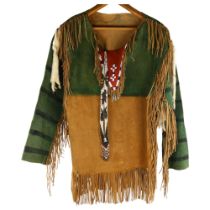 Native American hide jacket and beaded necklace, animal motif designs, mid-20th century