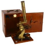 A Victorian brass-mounted microscope by Negretti & Zambra of London, brass spare lenses, mahogany