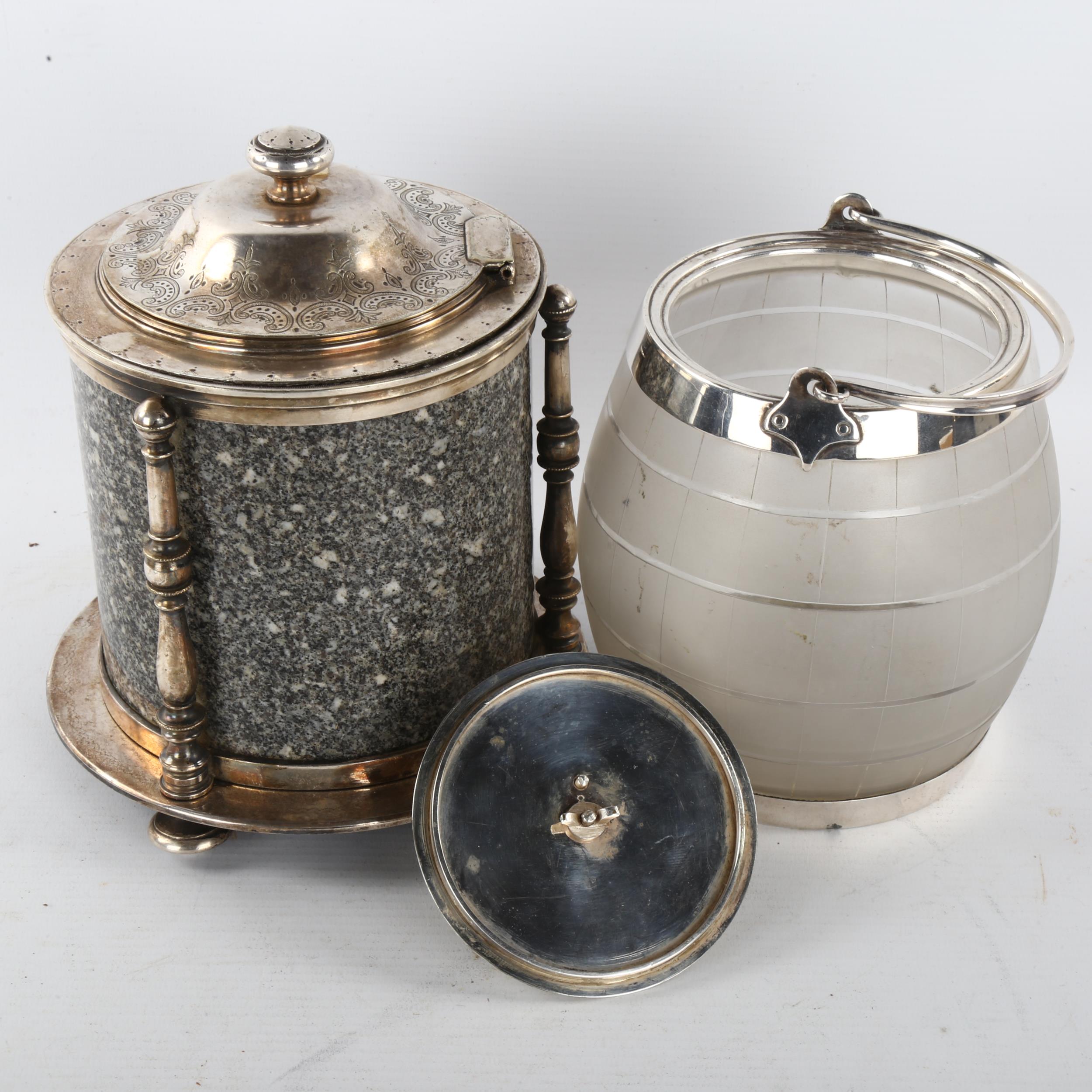 A Victorian granite and electroplate biscuit barrel, height 20cm, and an etched glass and - Bild 3 aus 3