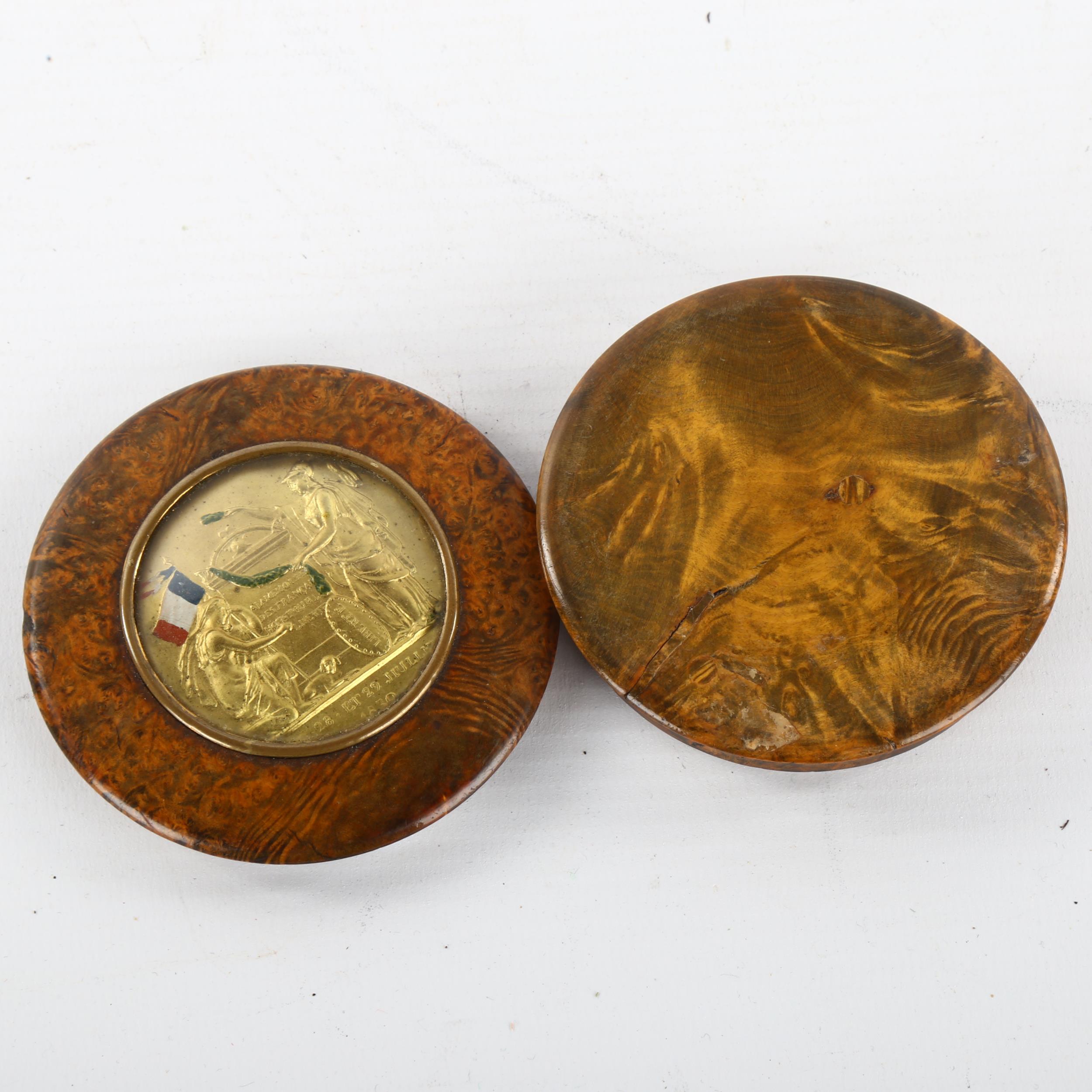 A 19th century French circular burr-walnut box, the lid having an inset medallion commemorating - Image 3 of 3
