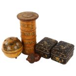 A group of treen items, including a 19th century 4-section spice tower, height 18.5cm, a Mauchline