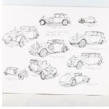 MOTORING INTEREST - folder of original ink/watercolour illustrations of Classic cars, by Robbie