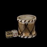 A miniature bone drum-shaped box, probably Napoleonic prisoner of war, containing dice, height 3cm