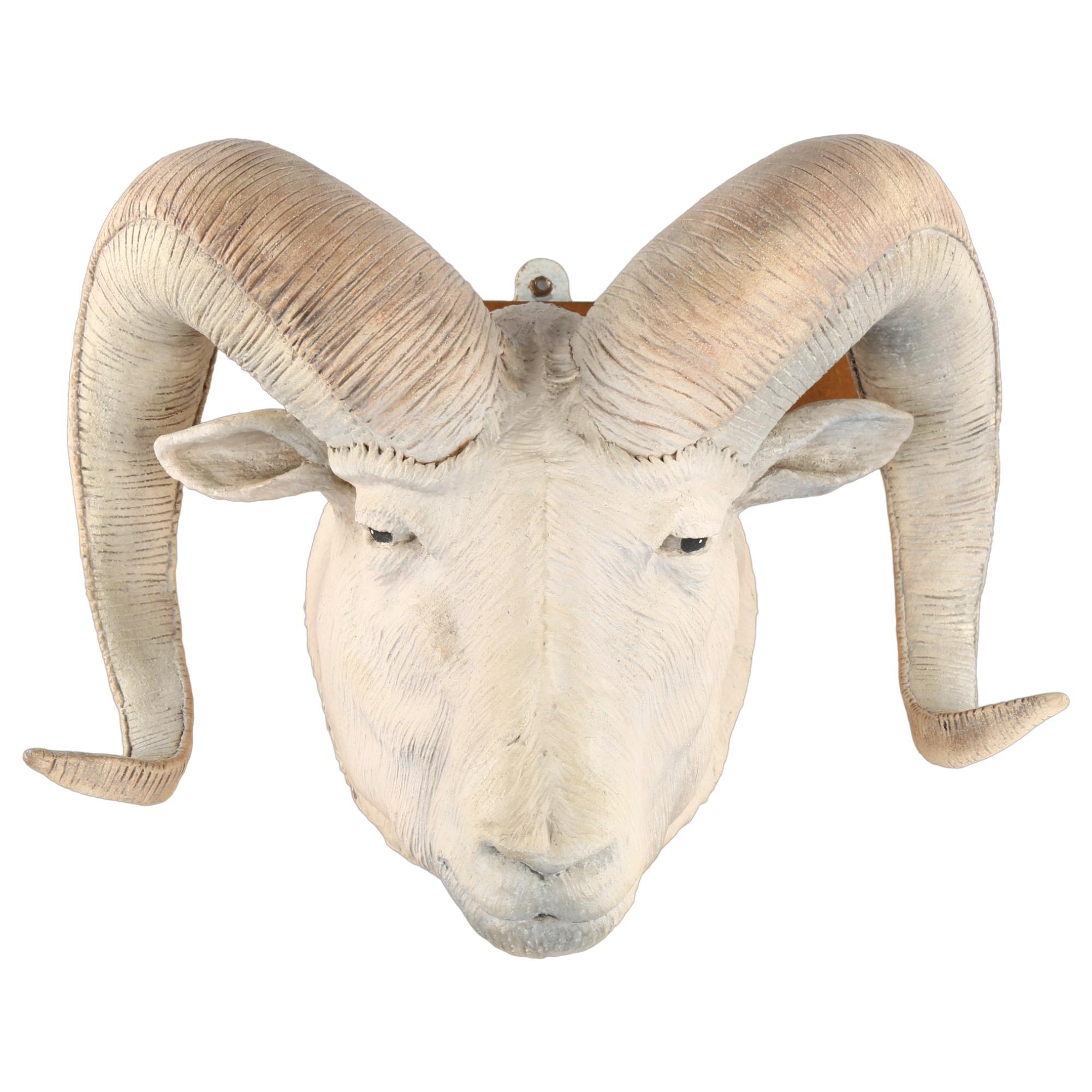 Jackie Summerfield ram's head ceramic sculpture, mounted on wood backing board, board dimensions