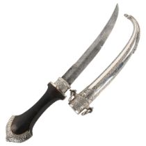 A Moroccan dagger, probably mid-20th century, unmarked white metal mounts and wood handle, overall