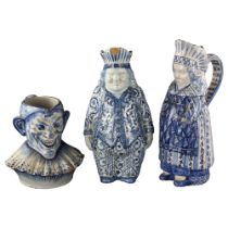 3 x 19th century Delft pottery character jugs, largest height 29cm (3) All have small chips on the