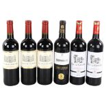 6 bottles of red Bordeaux wine, 3x Le Grand Manoir 2020, 2 x Roc La Graviere 2021, 1 Terres