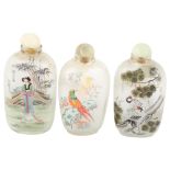 3 Chinese internally painted glass perfume bottle with jade stoppers, length 8.5cm
