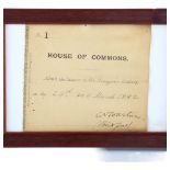 House of Commons Ticket of Admission to the Strangers Gallery dated 24th March 1882, signed by