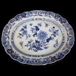 Chinese Nankin blue and white porcelain meat dish, painted decoration and border, 34cm x 28cm
