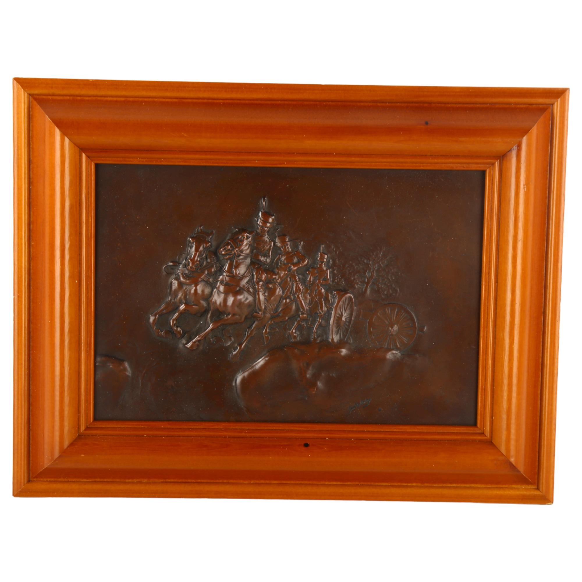 G Halliday, 19th century copper electrotype relief plaque, hussars pulling a gun carriage, signed in