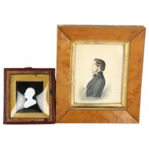 A Victorian black and white cameo glass portrait plaque in original Morocco leather case, frame