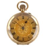 A Continental 14ct gold open-face keyless fob watch, chased and engraved gilded dial with Roman