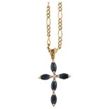 A modern 9ct gold sapphire and diamond cross pendant necklace, on 9ct figaro link chain, pendant