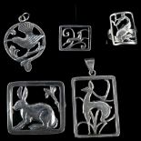 A group of Art Deco Danish stylised silver animal jewellery, comprising 2 x pendants, 2 x brooches