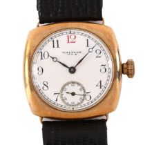 WALTHAM - an early 20th century 9ct rose gold cushion-cased mechanical wristwatch, circa 1920s,