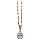 An 18ct gold diamond cluster pendant necklace, on 9ct fine curb link chain, set with modern round