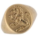 A mid-20th century 9ct gold seal signet ring, intaglio carved with rampant lion, hallmarks London