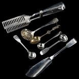 Various silver flatware, including asparagus tongs, hallmarks London 1898, 9oz total, and a silver