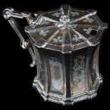 A Victorian Aesthetic Movement silver mustard pot, circular fluted form with engraved decoration, by