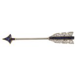 CARTIER - an Art Deco sapphire and diamond arrow jabot pin, the flights and tip set with calibre-cut