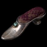 A Victorian novelty silver lady's shoe pin cushion, indistinct maker's mark, hallmark Birmingham