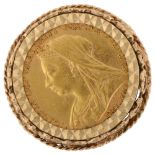 A Victoria 1896 gold full sovereign coin, in 9ct openwork ring mount, setting height 26.3mm, size R,