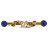 An Antique lapis lazuli and diamond bar brooch, unmarked gold settings with old and rose-cut diamond