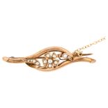 An Art Nouveau 9ct rose gold pearl flower brooch, brooch length 43.3mm, 2.6g No damage or repairs,