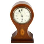 An Art Nouveau inlaid mahogany balloon mantel clock, cream dial with Arabic numerals and blued steel