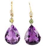 A large pair of amethyst peridot and diamond drop earrings, unmarked yellow and white metal each set