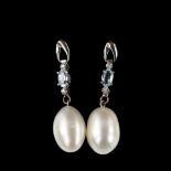 A pair of pearl aquamarine and diamond drop earrings, unmarked white metal settings with stud