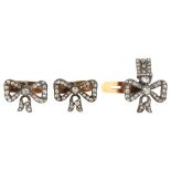 CARTIER - a set of 3 Art Deco diamond ribbon bow dress studs, 1 having en tremblant drop, set with