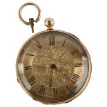An early 20th century open-face key-wind pocket watch, unmarked yellow metal case, with engraved