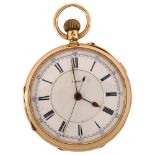 A late 19th century 18ct gold open-face keyless chronograph pocket watch, white enamel dial with