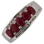 A ruby and diamond half hoop dress ring, unmarked white metal settings with oval mixed-cut rubies