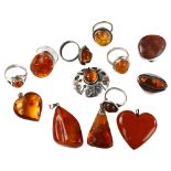 Various Danish silver and amber jewellery, makers include Niels Erik From, heart width 36.1mm, 92.4g
