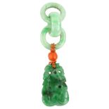 A Taiwanese jade and coral gourd fruit pendant/amulet, with jade hoop mount, overall height 56.